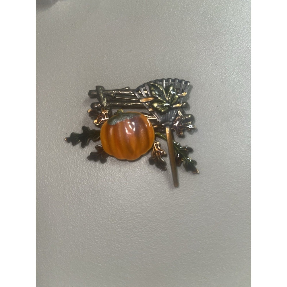 Orange Brown Enamel Pumpkin Leaf Patch Fence Halloween Fall Brooch Vintage